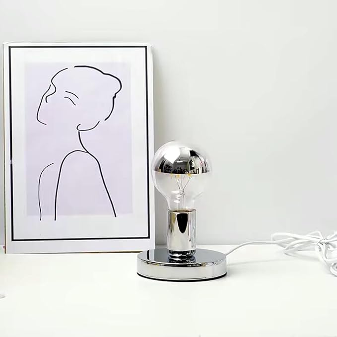 Simple Unique Lamp Base Only,Mini Bedside Table Lamp Bases,E26 Edison Light Bulb Stand Lamps for Small Spaces,Minimalist Desk Lamps Set w/ 5.8ft White Cord Switch Plug,No Bulb,Silver/Chrome,S - LeafyLoom