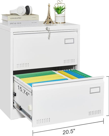 2 Drawer Lateral Lock and Card Holder, Multifunctional Metal Filing Cabinets w/Heavy 3 Section Slide Rail & Breathable Holes,for Legal/Letter/A4,White - LeafyLoom