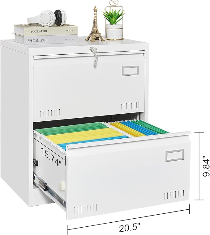 2 Drawer Lateral Lock and Card Holder, Multifunctional Metal Filing Cabinets w/Heavy 3 Section Slide Rail & Breathable Holes,for Legal/Letter/A4,White - LeafyLoom