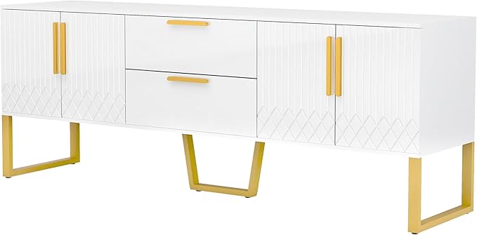 67" TV Stand with 2 Drawers and Cabinets, Modern Television Stands with Metal Legs and Handles for TVs up to 75 Inches, TV Console Table for Living room, White - LeafyLoom