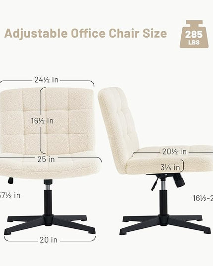 Furniliving Home Office Desk Chair No Wheels, Criss Cross Legged Wide Chair Armless Height Adjustable Chair with Mid Back Swivel Accent Vanity Chairs, Sherpa-IvoryWhite - LeafyLoom