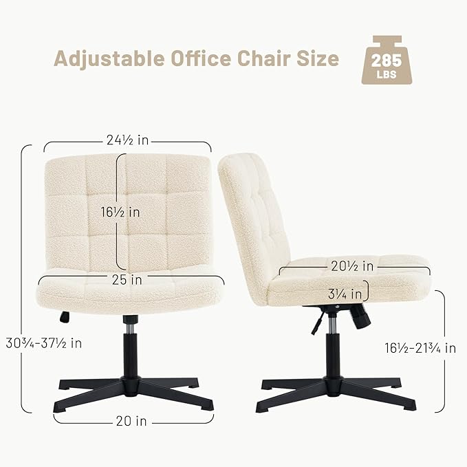 Furniliving Home Office Desk Chair No Wheels, Criss Cross Legged Wide Chair Armless Height Adjustable Chair with Mid Back Swivel Accent Vanity Chairs, Sherpa-IvoryWhite - LeafyLoom