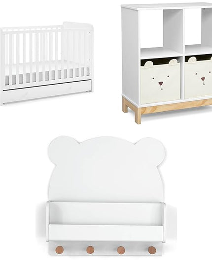 Delta Children babyGap Graham 4-in-1 Convertible Crib with Storage Drawer + Brannan Bear Bookcase with Bins + Brannan Bear Wall Shelf with 4 Hooks, Bianca White (Bundle) - LeafyLoom