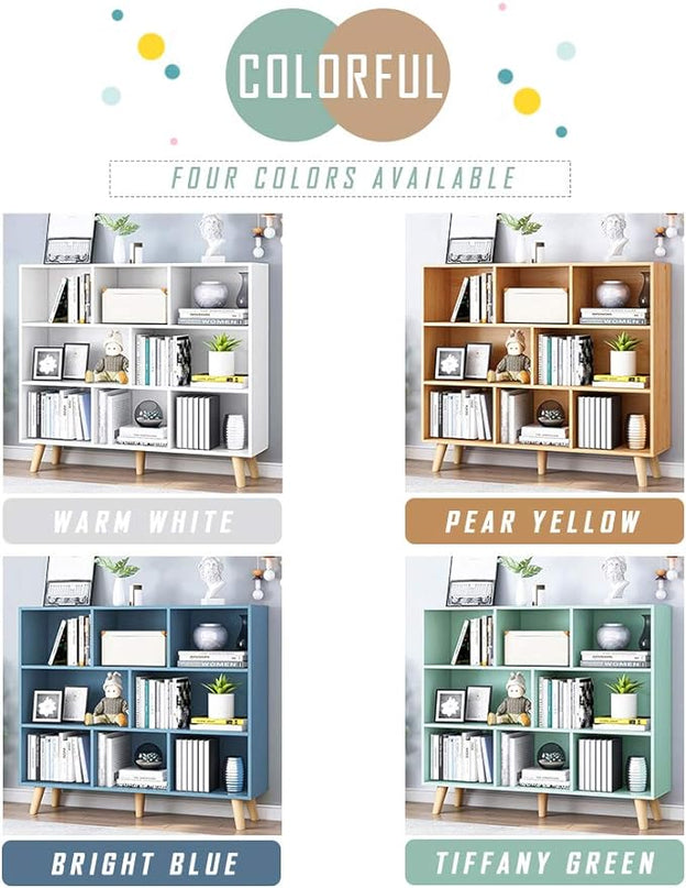 IOTXY Wooden Open Shelf Bookcase - 3-Tier Floor Standing Display Cabinet Rack with Legs, 8 Cubes Bookshelf, Pear Yellow - LeafyLoom