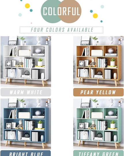 IOTXY Wooden Open Shelf Bookcase - 3-Tier Floor Standing Display Cabinet Rack with Legs, 8 Cubes Bookshelf, Warm White - LeafyLoom
