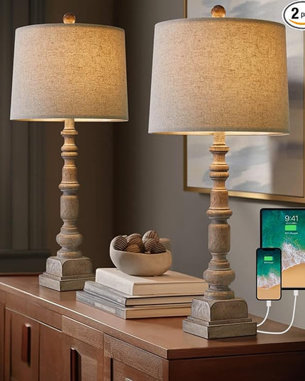 Oneach 27.75" Vintage Farmhouse USB Table Lamps Set of 2 for Living Room Bedroom Traditional Bedside Nightstand Lamp with Dual USB Port Resin Table Lamp with Rotary Switch for Living Room Bedroom - LeafyLoom