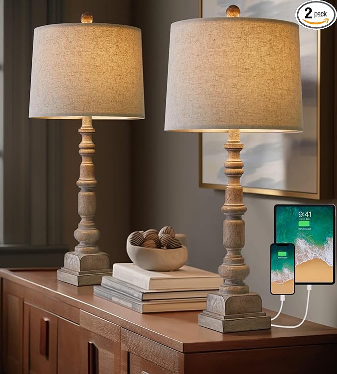 Oneach 27.75" Vintage Farmhouse USB Table Lamps Set of 2 for Living Room Bedroom Traditional Bedside Nightstand Lamp with Dual USB Port Resin Table Lamp with Rotary Switch for Living Room Bedroom - LeafyLoom