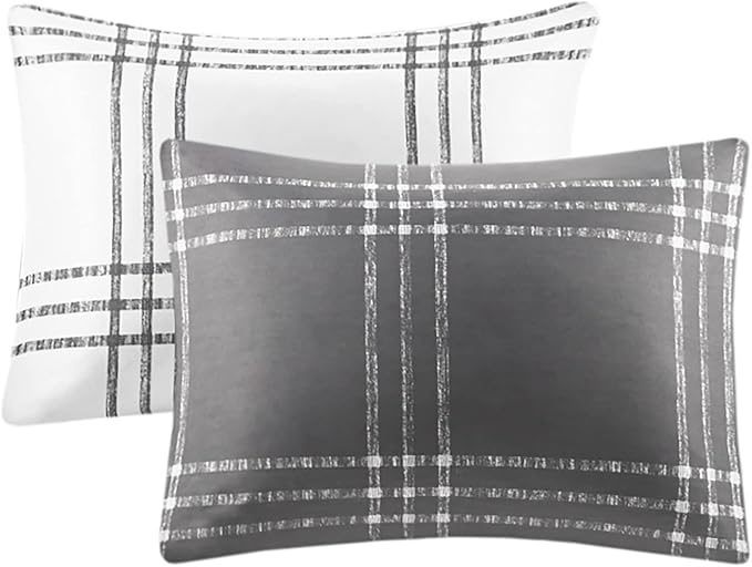 Intelligent Design Pike Reversible Comforter Set, Cottage Plaid Print, Modern Cabin Lifestyle, Down Alternative, All Season Bedding with Matching Sham, King/Cal King White/Grey 3 Piece - LeafyLoom