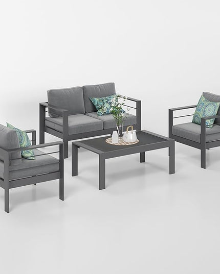 Solaste Outdoor Aluminum Furniture Set - 4 Pieces Patio Sectional Chat Sofa Conversation Set with Table,Grey - LeafyLoom