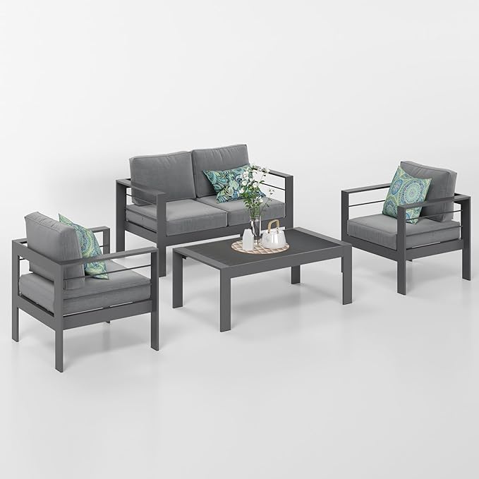 Solaste Outdoor Aluminum Furniture Set - 4 Pieces Patio Sectional Chat Sofa Conversation Set with Table,Grey - LeafyLoom