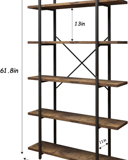 5 Tiers Bookshelf Organizer Industrial shelf,Modern Open Display Storage Bookcase,Rustic Brown and Metal Bookshelf Standing Storage Shelf Tall Shelving Units for Home Office Study. - LeafyLoom
