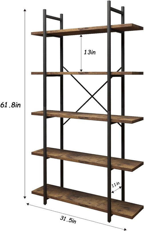 5 Tiers Bookshelf Organizer Industrial shelf,Modern Open Display Storage Bookcase,Rustic Brown and Metal Bookshelf Standing Storage Shelf Tall Shelving Units for Home Office Study. - LeafyLoom
