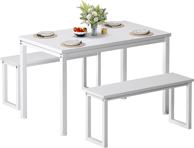 soges Kitchen Table Set with 2 Benches, White Dining Table Set for 4, 3 Piece Dining Room Table and Long Benches, Breakfast Table Coffee Table Set, Industrial Style Wooden Kitchen and Dining Room Set - LeafyLoom