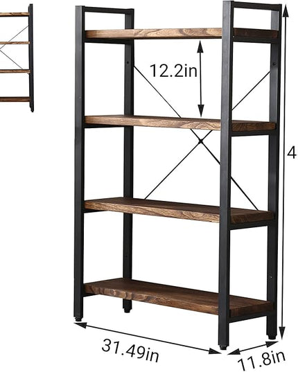 Solid Wood Bookshelf,4 Tier Rustic Vintage Industrial Etagere Bookcase, Open Metal and Wood Vintage Book Shelf, Retro Brown (Real Wood)(4-Tier) - LeafyLoom