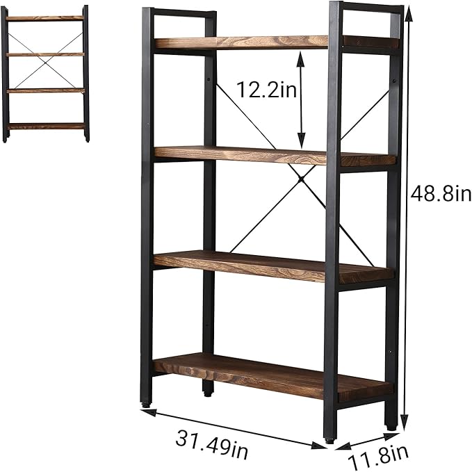 Solid Wood Bookshelf,4 Tier Rustic Vintage Industrial Etagere Bookcase, Open Metal and Wood Vintage Book Shelf, Retro Brown (Real Wood)(4-Tier) - LeafyLoom