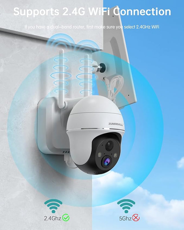 ZUMIMALL Solar Security Cameras Wireless Outdoor, 360° View Outdoor Camera Wireless Solar Powered,2.4G WiFi，2K/3MP Color Night Vision,2-Way Talk, PIR Motion Alert, Cloud Storage, Work with Alexa ZUMIMALL