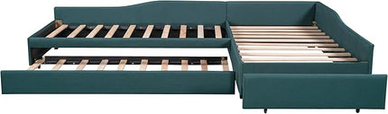 L-Shaped Upholstered Twin Size Daybed with Storage Drawer and Trundle, Twin Size Double Platform Beds Corner Bed Daybed for Kids, Green - LeafyLoom