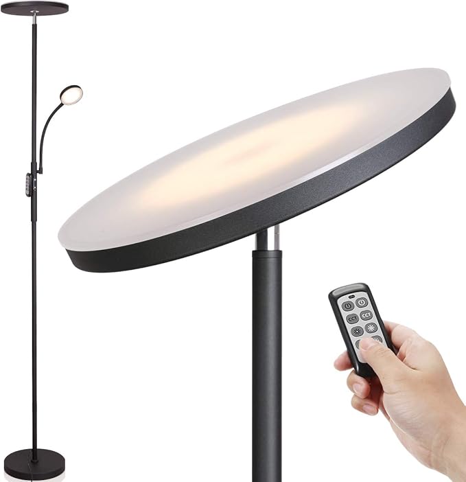 Led Floor Lamp Torchiere Floor Lamp with Adjustable Reading Lamp,2000lumens Main Light and 400lumens Side Reading Light for Living Room, Bedroom, Office, Work with Remote Control, Matte Black - LeafyLoom