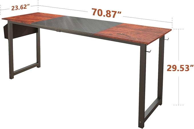 71 Inch Home Office Computer Two-Color Panel Desk with Storage Bag and Hook, Black, Sandalwood Color, Industrial Modern Laptop Desk - LeafyLoom