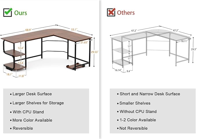 Teraves Reversible L Shaped Desk with Shelves 69“ Corner Computer Desk Gaming Desk Workstation for Home Office - LeafyLoom