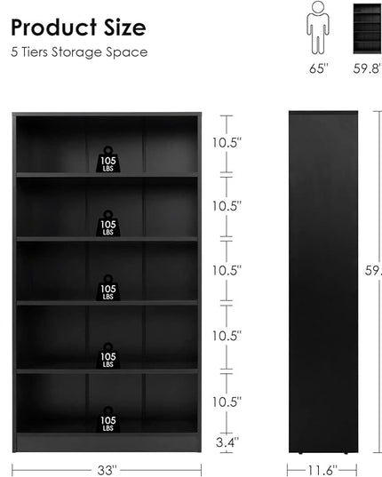 Farini Black Bookshelf for Bedroom 5 Shelf Office Bookcase 60 Inches Tall Modern Wood Bookshelf for Living Room 5 Tier Wide Manga Bookshelf Library Bookcase - LeafyLoom