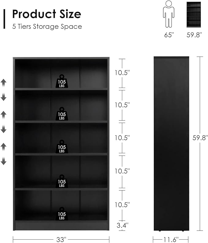 Farini Black Bookshelf for Bedroom 5 Shelf Office Bookcase 60 Inches Tall Modern Wood Bookshelf for Living Room 5 Tier Wide Manga Bookshelf Library Bookcase - LeafyLoom