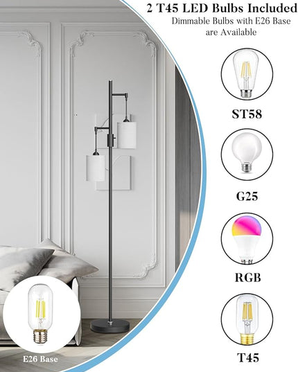 Lightdot 65IN Dimmable Tree Floor Lamp, Mid Century Modern Standing Lamps with 2 E26 3000K LED Bulbs, Industrial Tall Floor Lamp for Living Room - LeafyLoom