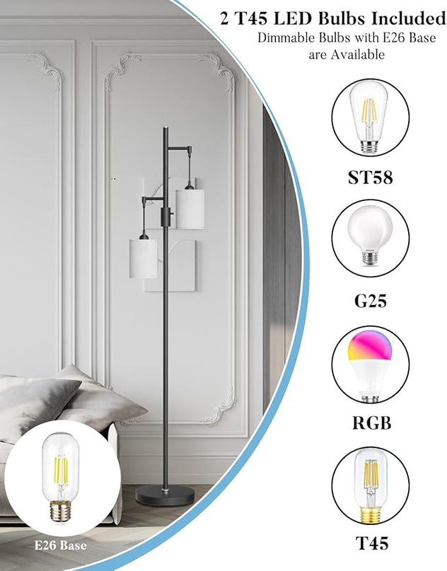 Lightdot 65IN Dimmable Tree Floor Lamp, Mid Century Modern Standing Lamps with 2 E26 3000K LED Bulbs, Industrial Tall Floor Lamp for Living Room - LeafyLoom