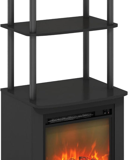 Furinno Turn-N-Tube 2-Tier Tall TV Entertainment Side Table Display Rack with Fireplace Insert, Americano/Black - LeafyLoom