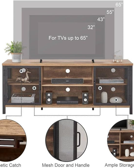 FATORRI Industrial Entertainment Center for TVs up to 65 Inch, Rustic Wood TV Stand, Large TV Console and TV Cabinet for Living Room (60 Inch Wide, Rustic Oak) - LeafyLoom