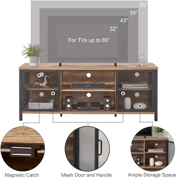 FATORRI Industrial Entertainment Center for TVs up to 65 Inch, Rustic Wood TV Stand, Large TV Console and TV Cabinet for Living Room (60 Inch Wide, Rustic Oak) - LeafyLoom