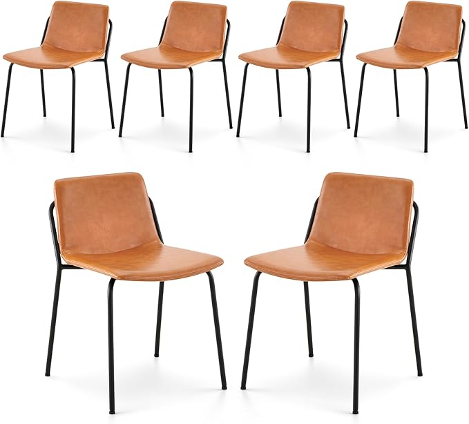 COLAMY Leather Dining Chairs Set of 6, Kitchen Dining Chairs with Back with Metal Legs for Kitchen Dining Living Room Restaurant Shop, Light Brown - LeafyLoom