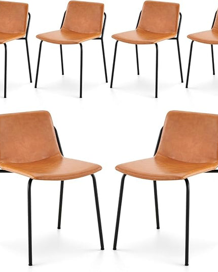 COLAMY Leather Dining Chairs Set of 6, Kitchen Dining Chairs with Back with Metal Legs for Kitchen Dining Living Room Restaurant Shop, Light Brown - LeafyLoom