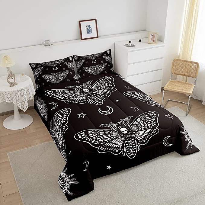 Feelyou Boys Boho Moth Comforter Set King Size Men Gothic Skull Bedding Set for Girls Women Bedroom Decor Bohemian Moon Star Comforter Personalized Moth Skull Skeleton Bones Duvet Set Teens Quilt Set - LeafyLoom