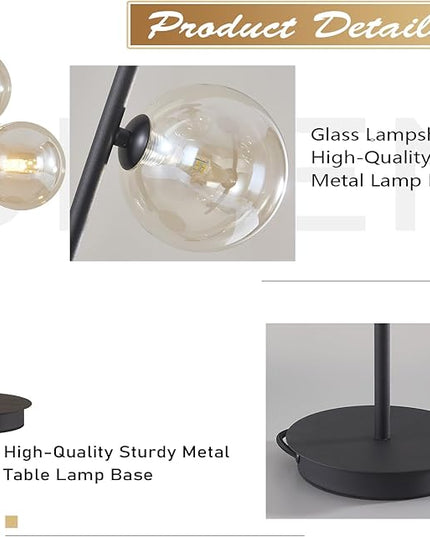 Mid Century Modern 3 Lights Globe Table Lamp Contemporary Minimalist Tall Bedside Desk Lamp Farmhouse Cognac Glass Nightstand Lamps Vintage Reading Light for Bedroom Living Room MTL03-B - LeafyLoom