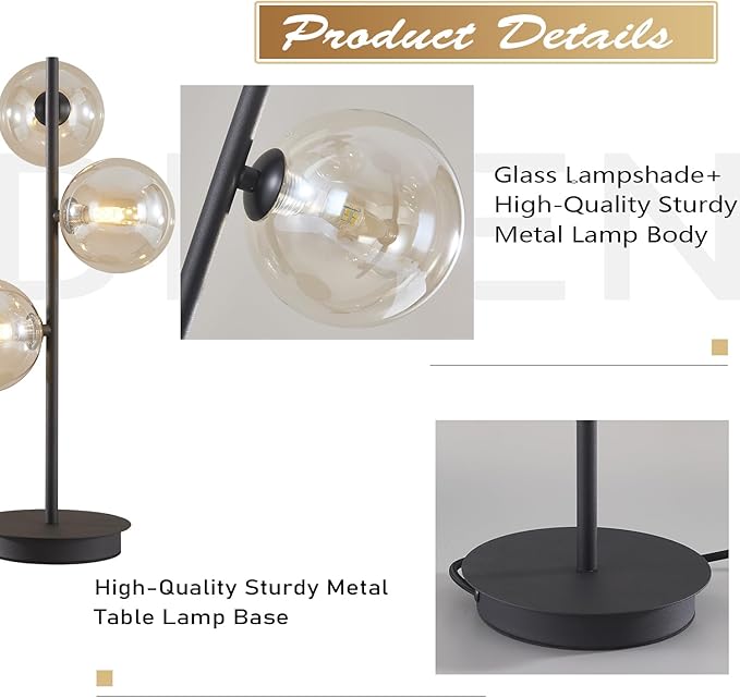 Mid Century Modern 3 Lights Globe Table Lamp Contemporary Minimalist Tall Bedside Desk Lamp Farmhouse Cognac Glass Nightstand Lamps Vintage Reading Light for Bedroom Living Room MTL03-B - LeafyLoom