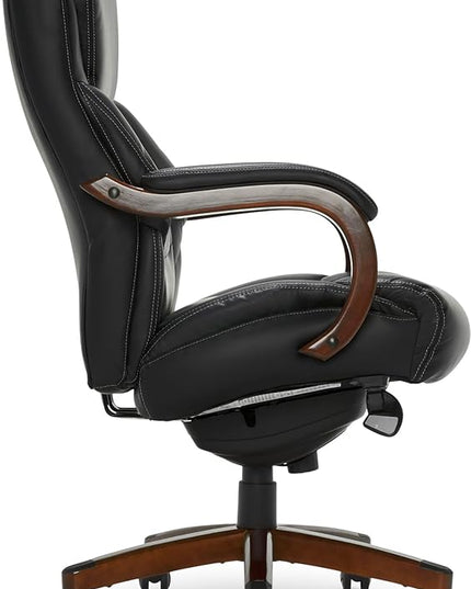 La-Z-Boy Delano Big & Tall Executive Office Chair, High Back Ergonomic Lumbar Support, Bonded Leather, Black with Mahogany Wood Finish - LeafyLoom