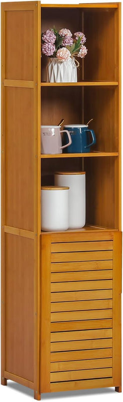 MoNiBloom 5 Tiers Bookshelf Bookcase with Door, Bamboo Narrow Freestanding Cabinet Kitchen Shelf Cupboard Storage Organizer for Home Living Room, Brown - LeafyLoom