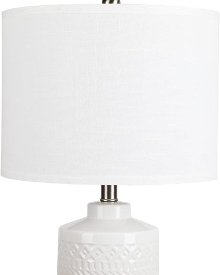 24.5" White Ceramic Table Lamp: 3-Way Dimmable Nightstand Lamp with White Linen Shade | Office Reading Lamp Bedside Lamp White Lamp for Bedrooms & Living Room (Bulb Included) - LeafyLoom