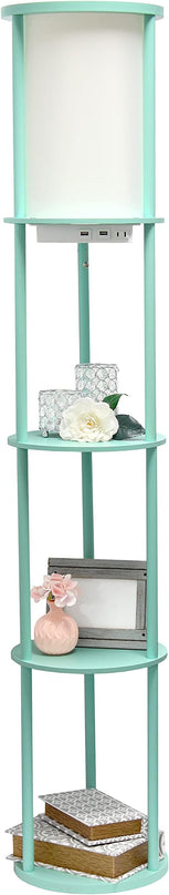 Simple Designs LF2010-AQU 62.5" Round Modern Shelf Etagere Organizer Storage Floor Lamp with 2 USB Charging Ports, 1 Charging Outlet and Linen Shade for Living Room Bedroom, Aqua, 11.5 x 11.5 x 62.5 - LeafyLoom