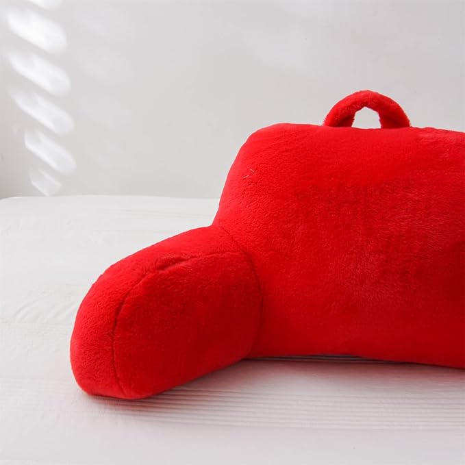 A Nice Night Faux Fur Reading Pillow Bed Wedge Large Adult Children Backrest with Arms Back Support for Sitting Up in Bed/Couch for Bedrest, Red - LeafyLoom