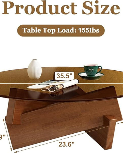 Coffee Table, Round Coffee Table for Living Room Modern Glass Coffee Table with Solid Wood Legs Farmhouse Mid Century Center Table Large Circle Cocktail Table (Walnut + Gray, 35.4in) - LeafyLoom