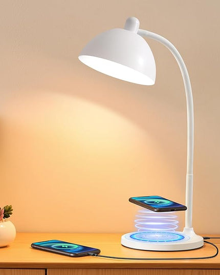 BOHON Desk Lamp, LED Desk Lamp with USB Charging Port, Wireless Charger Desk Light for Home Office, 5 Colors 6 Levels Brightness, Touch Table Lamp for Bedroom Bedside College Dorm Reading, White - LeafyLoom