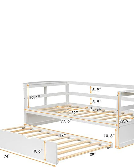 Merax Modern Wood Daybed with Twin Size Trundle and Two Foldable Shelves, Multifunction Sofa Bed Frame for Family, Kids, Teens, No Box Spring Needed, White - LeafyLoom