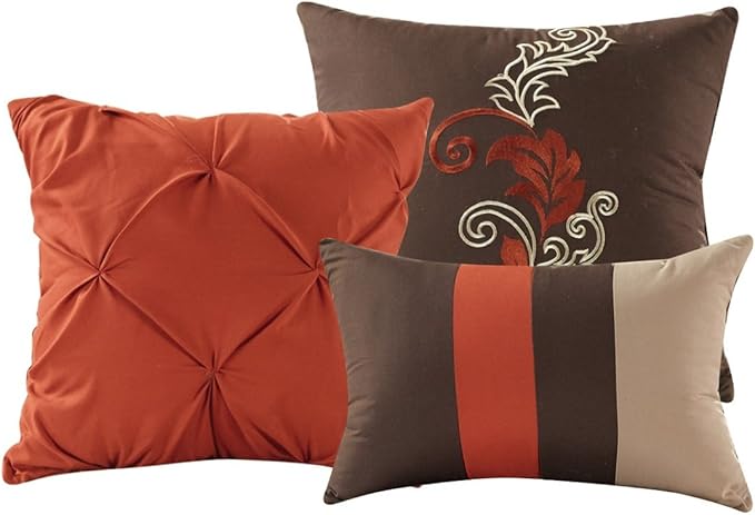 Chezmoi Collection Napa 7-Piece Luxury Autumn Leaves Scroll Embroidery Bedding Comforter Set (Queen, Rust Orange/Brown/Taupe) - LeafyLoom