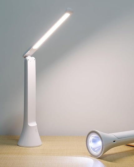 Rechargeable Desk Lamp, Foldable Portable Battery Operated Desk Lamp for Home Office, 2500mAh Cordless LED Desk Lamp with Flashlight Function, Eye Protection Study Lamp (White) - LeafyLoom
