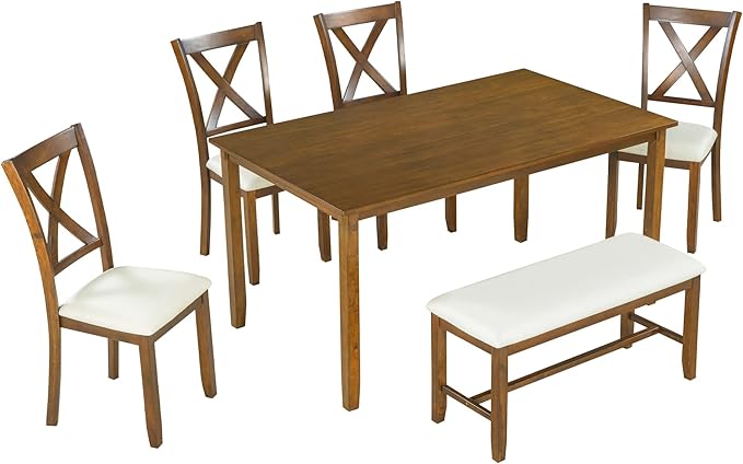 6-Piece Wooden Rectangular Dining Table Set with Bench and 4 Upholstered Chairs for Kitchen Living Room, Farmhouse Rustic Style, Natural Cherry, 60''L x 36''W x 30''H - LeafyLoom