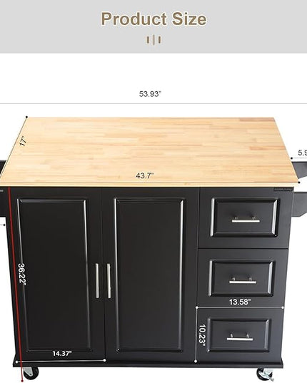 Mobile Kitchen Island with Extensible Rubber Wood Table Top,Adjustable Shelf Inside, Cabinets Cart w/ 3 Storage Drawers,Spice Towel-Rack,for Dining Room Bar,Black, 53.93" L x 17" W x 36.22" H - LeafyLoom