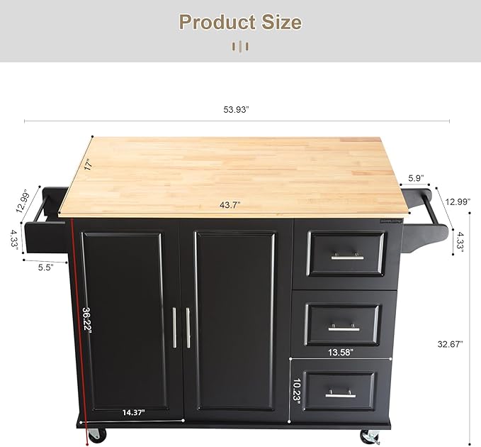 Mobile Kitchen Island with Extensible Rubber Wood Table Top,Adjustable Shelf Inside, Cabinets Cart w/ 3 Storage Drawers,Spice Towel-Rack,for Dining Room Bar,Black, 53.93" L x 17" W x 36.22" H - LeafyLoom