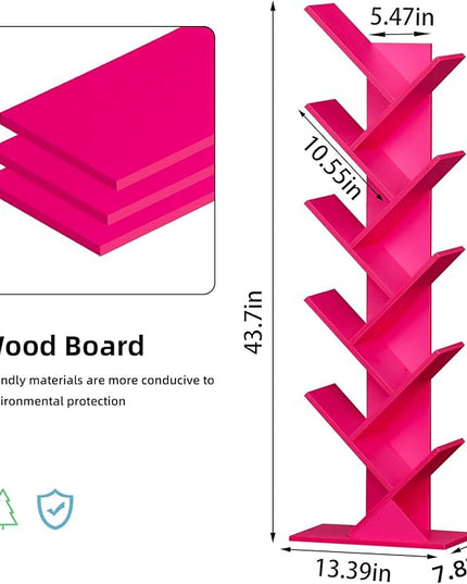 10 Tier Tree Book Shelf, Floor Standing Wood Bookshelf for Narrow Space, Storage Organizer Bookshelves for Books/CDs/Magazine, Bookcase with Shelves for Home Office, Living Room - Pink - LeafyLoom